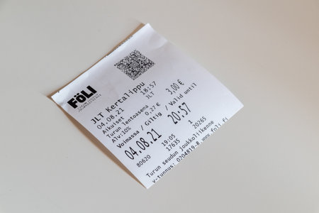 Turku, Finland - August 4, 2021: Ticket of public transport in Turku.