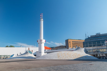 Helsinki, Finland - August 5, 2021: Modern art and architecture with Lasipalatsi Plaza with subterranean Amos Rex art museum.のeditorial素材