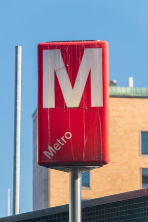 Helsinki, Finland - August 5, 2021: Metro station icon with official logo of Helsinki metro.のeditorial素材