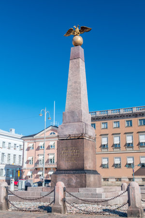 Helsinki, Finland - August 5, 2021: Tsarinas Stone, obelisk was unveiled in 1835 in commemeroration of visit to Helsinki two yers earlier by Tsar Nicholas I and Tsarina Alexandra.のeditorial素材