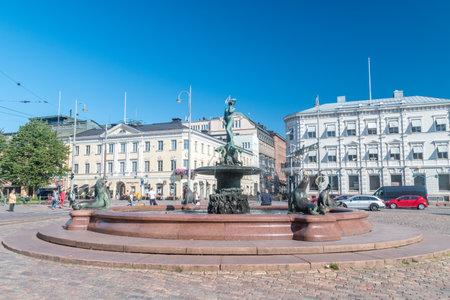Helsinki, Finland - August 5, 2021: Havis Amanda on Market Square. Havis Amanda is a fountain and a statue in Helsinki, Finland by the sculptor Ville Vallgren.のeditorial素材