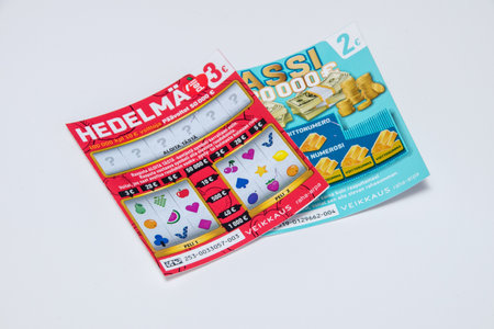 Helsinki, Finland - August 5, 2021: Veikkaus lottery scratch cards.