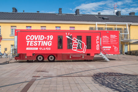 Helsinki, Finland - August 5, 2021: Mobile truck for quick COVID-19 testing.のeditorial素材