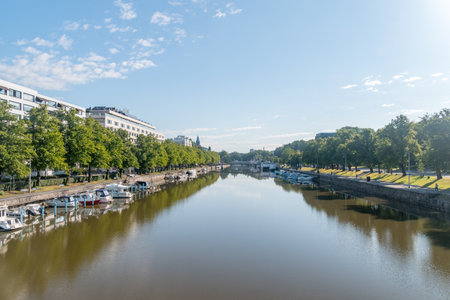 Turku, Finland - August 6, 2021: Summer view on aurajoki river.