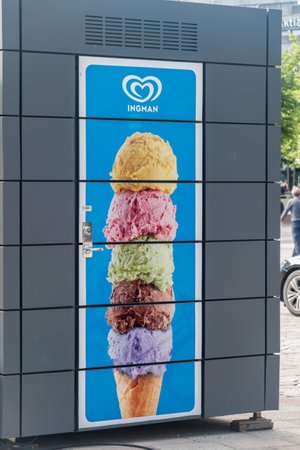 Helsinki, Finland - August 5, 2021: Logo of Ingman and ice cream cone. Ingman is brand of ice cream made by Unilever.のeditorial素材
