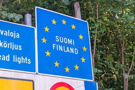 Republic of Finland (Finnish: Suomi) border sign.の写真素材