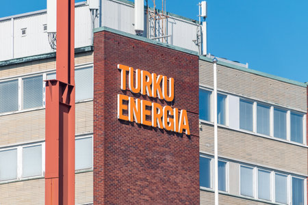 Turku, Finland - August 6, 2021: Emblem of Turku Energia old power plant.のeditorial素材