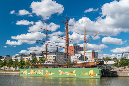 Turku, Finland - August 6, 2021: Sigyn ship in the Aura River. Sigyn, built in Gothenburg 1887, now museum ship in Turku, is the last remaining wooden barque used for trade across the oceans.のeditorial素材