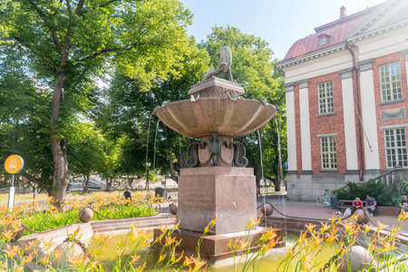 Turku, Finland - August 6, 2021: Fountain of Gustav Albert Petrelius. Gustav Albert Petrelius was a Finnish businessman.のeditorial素材