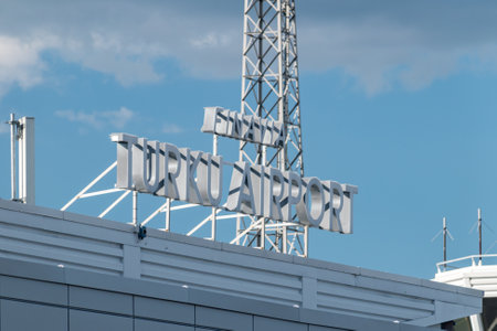 Turku, Finland - August 6, 2021: Sign of Finavia Turku Airport. Finavia Oyj, formerly the Finnish Civil Aviation Administration.のeditorial素材