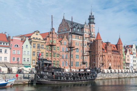 Gdansk, Poland - August 16, 2021: Pirate ship and Motlawa river.
