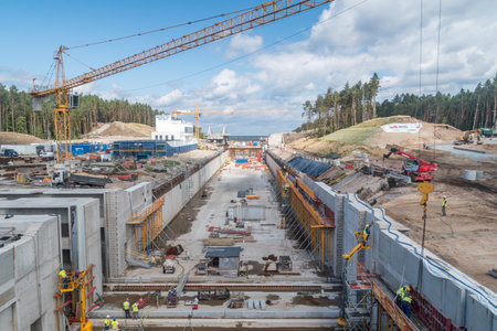 Skowronki, Poland - August 17, 2021: Vistula Spit canal during construction.