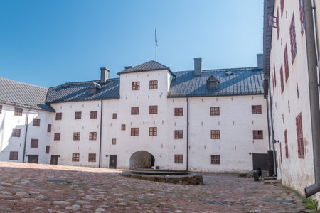 Turku, Finland - August 6, 2021: Courtyard of Turku Castle (Turun Linna), large medieval castle.のeditorial素材