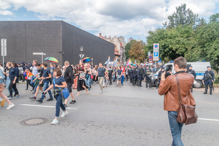 Gdansk, Poland - August 21, 2021: People celebrate the Tricity Pride March demands for better rights and equality for LGBT community.のeditorial素材