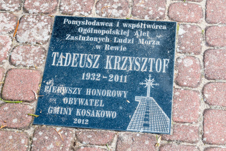Rewa, Poland - August 21, 2021: Plaque of Tadeusz Krzysztof originator and co-creator of National Alley of Merit of the Sea People named after Marshal Jozef Pilsudski.のeditorial素材