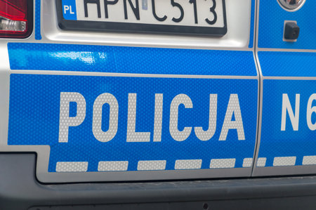 Malbork, Poland - August 26, 2021: Policja (English: Police) sign on polish police car.のeditorial素材