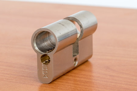 Pruszcz Gdanski, Poland - September 7, 2021: Drilled lock cylinder for emergency door opening.