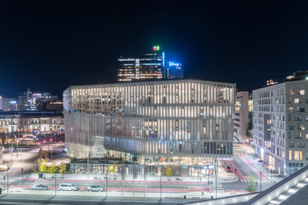 Oslo, Norway - September 23, 2021: Night view on new Deichman public library in the Bjorvik district of Oslo.のeditorial素材