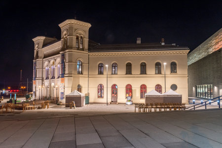 Oslo, Norway - September 24, 2021: The Nobel Peace Center (Norwegian: Nobels Fredssenter) at night.のeditorial素材