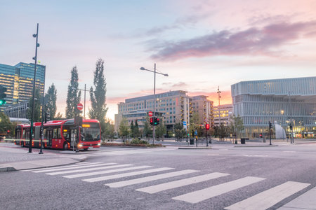 Oslo, Norway - September 24, 2021: Morning view in downtown of Oslo at sunrise time.のeditorial素材