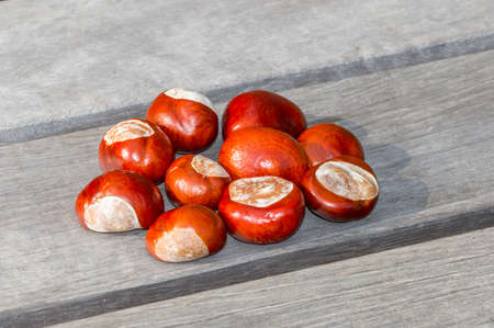 Horse chestnuts on old wooden table.の写真素材