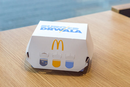 Jawornik, Poland - December 28, 2021: Paper box of McDonald's lumberjack burger (Polish: Burger...