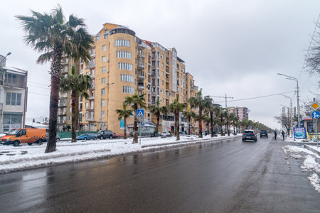 Kutaisi, Georgia - March 18, 2022: David Agmashenebeli street in winter time.のeditorial素材