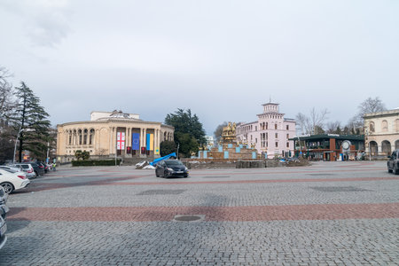 Kutaisi, Georgia - March 19, 2022: Central square with fountain.のeditorial素材