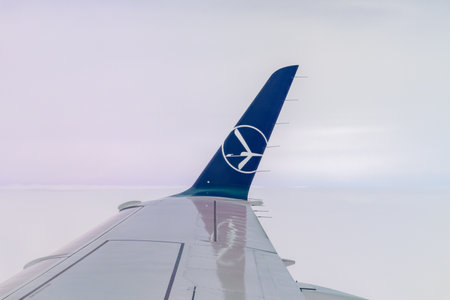 Gdansk, Poland - April 1, 2022: Emblem of LOT on the plane wing. Logo of LOT Polish Airlines, legally incorporated as Polskie Linie Lotnicze LOT SAのeditorial素材