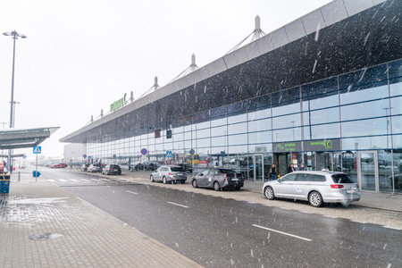 Ozarowice, Poland - April 1, 2022: Katowice Airport during snowfall.のeditorial素材
