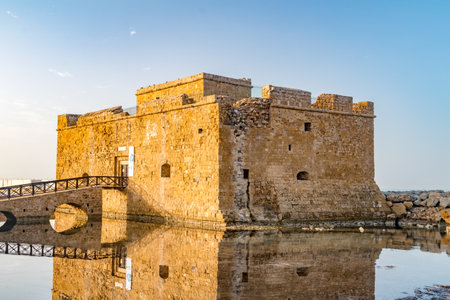 Paphos, Cyprus - April 2, 2022: Paphos Castle with reflection on the water. Morning view on Paphos Castle.のeditorial素材