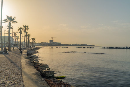 Paphos, Cyprus - April 2, 2022: Sunrise on boulvard in Paphos. Paphos is popular resort on Mediterranean sea.のeditorial素材