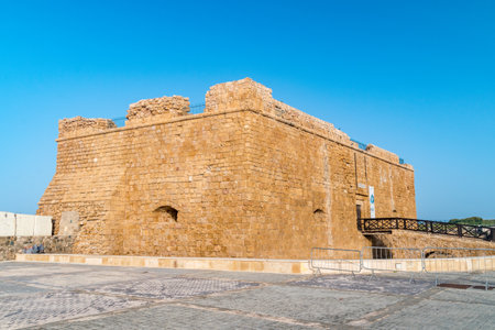 Paphos, Cyprus - April 2, 2022: Paphos Castle with reflection. Paphos Castle.のeditorial素材