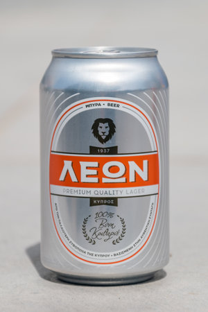 Peyia, Cyprus - April 2, 2022: Can of Leon beer.