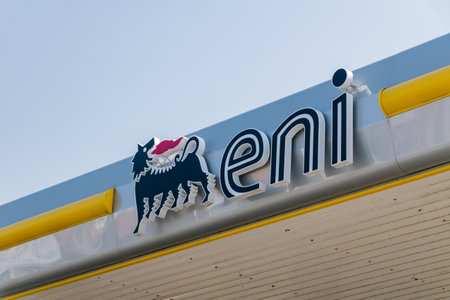 Paphos, Cyprus - April 2, 2022: Logo of Eni on fuel station. Eni is an Italian multinational oil and gas company headquartered in Rome.のeditorial素材
