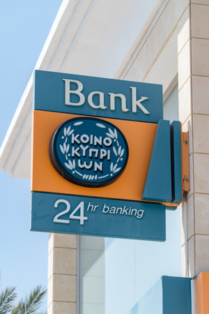 Peyia, Cyprus - April 2, 2022: Logo of Bank of Cyprus.のeditorial素材
