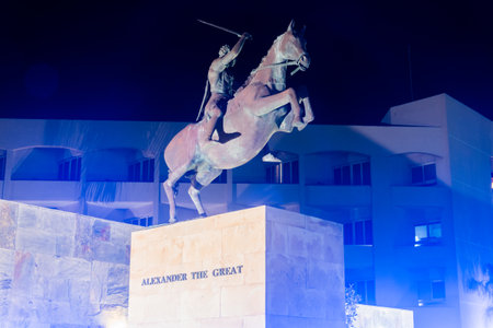 Paphos, Cyprus - April 2, 2022: Night view on Equestrian monument to Alexander the Great.のeditorial素材