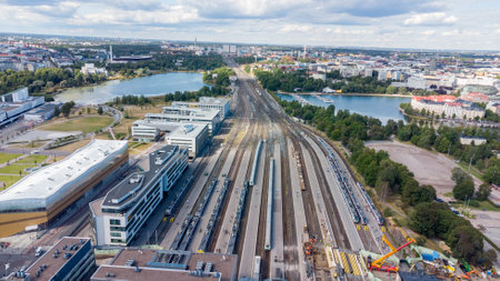 Helsinki, Finland - August 5, 2021: Aerial view on railway tracks in city center of Helsinki.のeditorial素材
