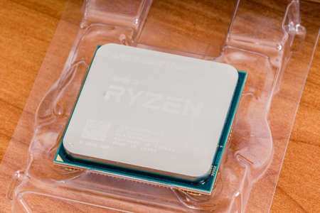 Pruszcz Gdanski, Poland - April 21, 2022: New CPU AMD Ryzen 7. Desktop Processors of AMD Ryzen 5000 Series.のeditorial素材