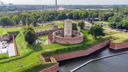 Gdansk, Poland - August 14, 2021: Aerial view on historic Wisloujscie fortress.