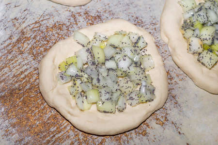 Raw tradition Lublin voivodeship bread with onion and poppy seed known as onion. Originating from Jewish cuisine, is wheat dough, with diameter of 15-20 cm, topped with diced onion and poppy seed.の写真素材