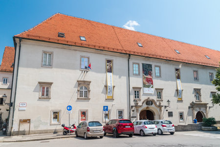 Zagreb, Croatia - June 2, 2022: Main entrance of Klovicevi Dvori Gallery at the historic Gradec neighborhood in Zagreb.のeditorial素材