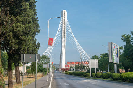 Podgorica, Montenegro - June 4, 2022: Cable-stayed Millennium Bridge over the Moraca river.のeditorial素材