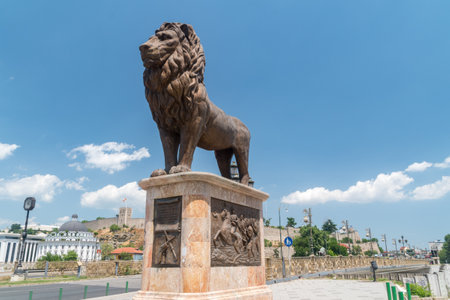 Skopje, North Macedonia - June 5, 2022: Lion statue on Gotse Delchev Bridge.のeditorial素材