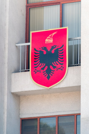 Tirana, Albania - June 4, 2022: The Coat of arms of Albania (Albanian: Stema e Republikes se Shqiperise).のeditorial素材