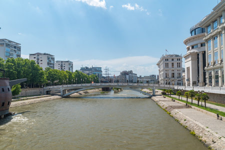 Skopje, North Macedonia - June 5, 2022: Vardar river at summer in capital of Macedonia.のeditorial素材