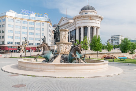Skopje, North Macedonia - June 5, 2022: Horses Fountain in city center of Skopje.のeditorial素材