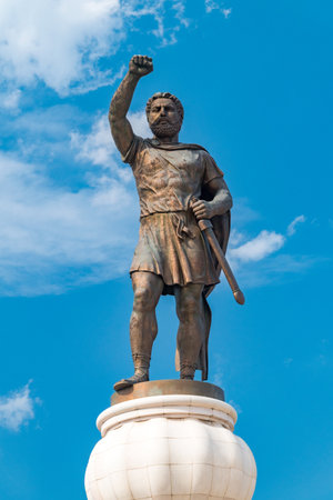 Skopje, North Macedonia - June 5, 2022: Statue of Philip II of Macedon, father of Alexander the Great monument. king of the ancient kingdom of Macedonia from 359 BC until his death in 336 BC.のeditorial素材