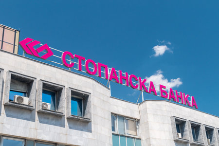 Skopje, North Macedonia - June 5, 2022: Logo of Stopanska Banka, the oldest bank in the Republic of North Macedonia.のeditorial素材