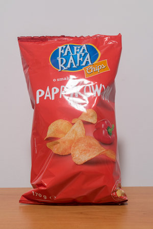 Pruszcz Gdanski, Poland - November 29, 2022: Pack of potato chips with paprika flavor.のeditorial素材